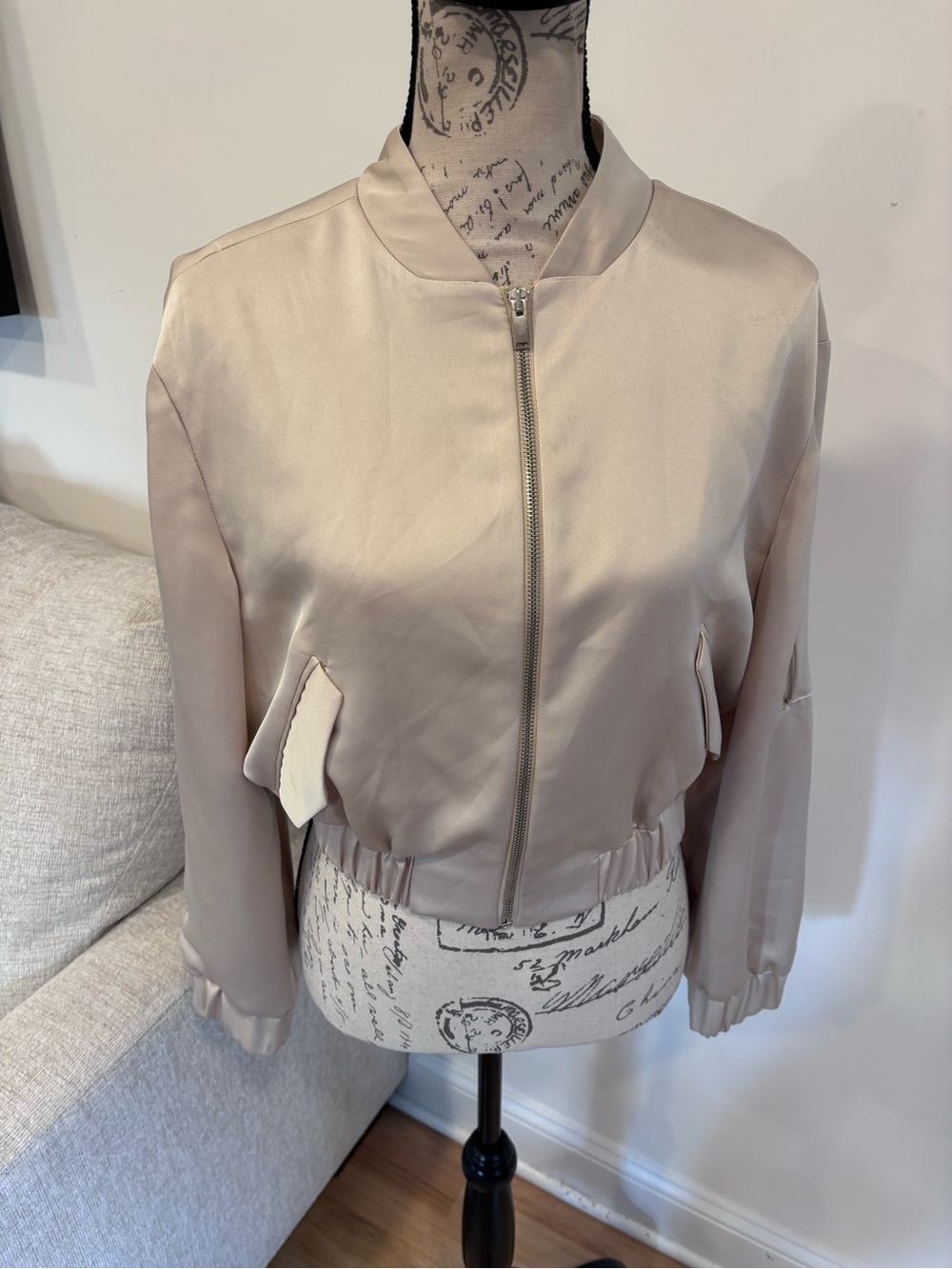 Zara Cropped Satin Bomber Jacket in a champagne color size small